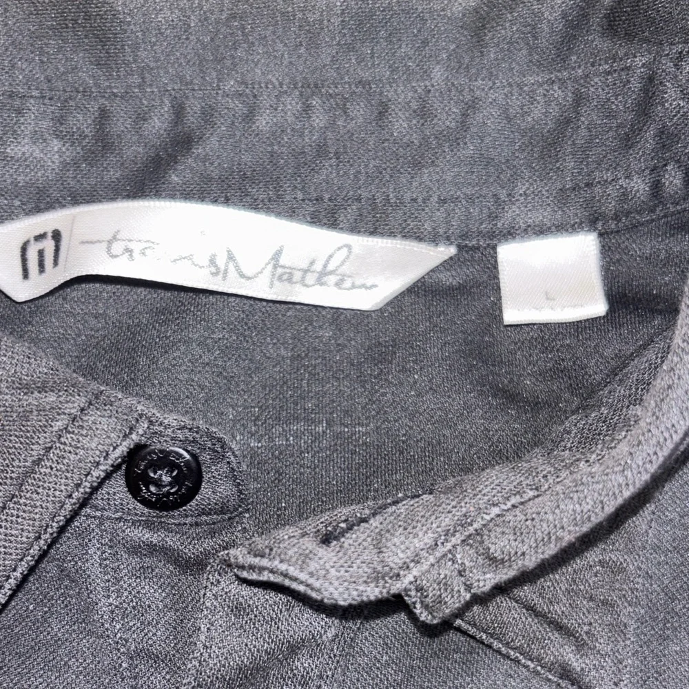 Travis Mathew Black Polo with Blue and Gray Stripes